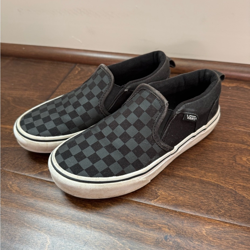 Vans Black and Gray Checkered Slip-On Shoes - Youth